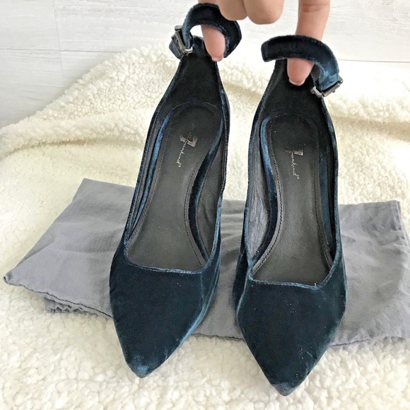 7FAM Peacock Teal Crushed Velvet Patent Wedge Heel - Picture 3 of 8